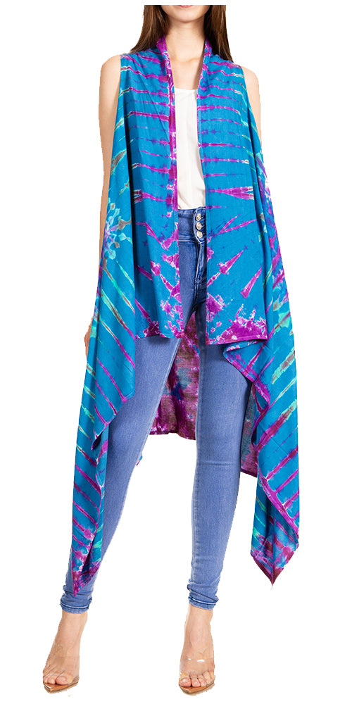 Sakkas Ivana Women's Oversized Draped Open Front Sleeveless Cardigan in Tie Dye#color_Blue