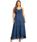Sakkas Stonewashed Rayon Embroidered Adjustable Spaghetti Straps Long Dress