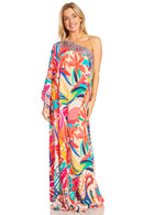 Sakkas Dora Women's One Shoulder Short Sleeve Casual Elegant Maxi Dress with Print
