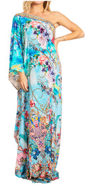 Sakkas Dora Women's One Shoulder Short Sleeve Casual Elegant Maxi Dress with Print