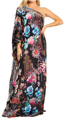 Sakkas Dora Women's One Shoulder Short Sleeve Casual Elegant Maxi Dress with Print