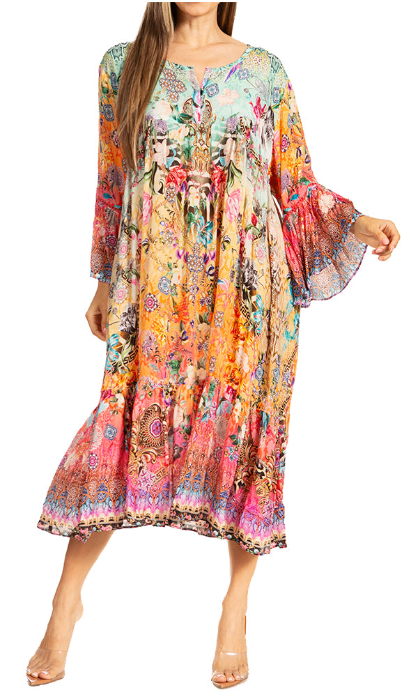 Sakkas Womens 3/4 Ruffled Sleeves Henley Neck Summer Short Flowy Dress/Beachwear L/XL / D-381-A Sakkas Womens 3/4 Ruffled Sleeves Henley Neck Summer Short Flowy Dress/Beachwear L/XL / D-381-A