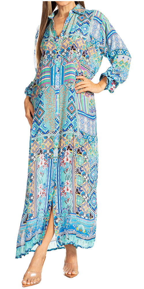 Sakkas Womens Long Sleeves Button Down Spring/Summer Maxi Shirt dress/Beachwear S/M / D-429-Lb Sakkas Womens Long Sleeves Button Down Spring/Summer Maxi Shirt dress/Beachwear S/M / D-429-Lb