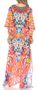 Sakkas Georgettina Flowy Rhinestone V Neck Long Caftan Dress / Cover Up
