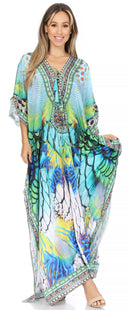 Sakkas Georgettina Flowy Rhinestone V Neck Long Caftan Dress / Cover Up