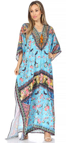 Sakkas Georgettina Flowy Rhinestone V Neck Long Caftan Dress / Cover Up