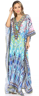 Sakkas Georgettina Flowy Rhinestone V Neck Long Caftan Dress / Cover Up