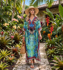 Sakkas Georgettina Flowy Rhinestone V Neck Long Caftan Dress / Cover Up