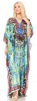 Sakkas Georgettina Flowy Rhinestone V Neck Long Caftan Dress / Cover Up