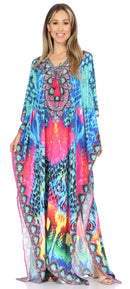 Sakkas Georgettina Flowy Rhinestone V Neck Long Caftan Dress / Cover Up