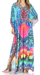 Sakkas Georgettina Flowy Rhinestone V Neck Long Caftan Dress / Cover Up