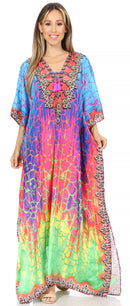 Sakkas Georgettina Flowy Rhinestone V Neck Long Caftan Dress / Cover Up