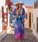 Sakkas Georgettina Flowy Rhinestone V Neck Long Caftan Dress / Cover Up
