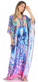 Sakkas Georgettina Flowy Rhinestone V Neck Long Caftan Dress / Cover Up