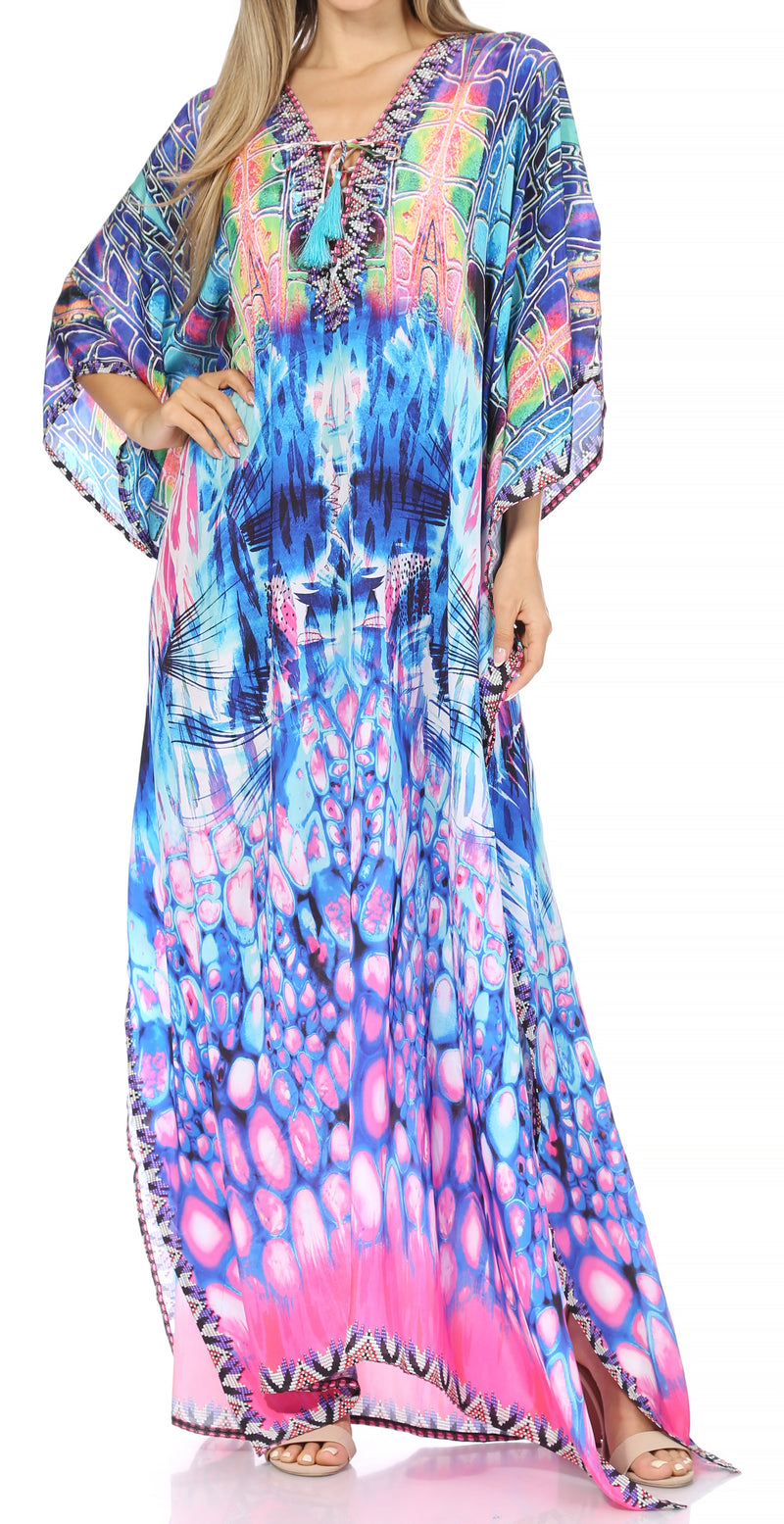 Sakkas Georgettina Flowy Rhinestone V Neck Long Caftan Dress / Cover Up