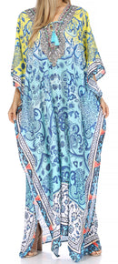 Sakkas Georgettina Flowy Rhinestone V Neck Long Caftan Dress / Cover Up