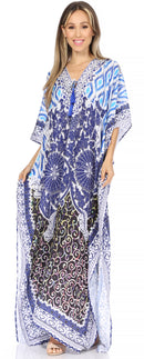 Sakkas Georgettina Flowy Rhinestone V Neck Long Caftan Dress / Cover Up