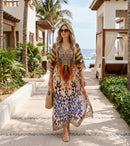 Sakkas Georgettina Flowy Rhinestone V Neck Long Caftan Dress / Cover Up