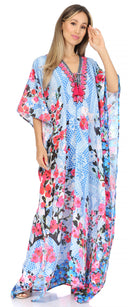 Sakkas Georgettina Flowy Rhinestone V Neck Long Caftan Dress / Cover Up