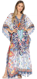 Sakkas Georgettina Flowy Rhinestone V Neck Long Caftan Dress / Cover Up