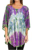 Sakkas Ellesa Ombre Tie Dye Circle Poncho Blouse Shirt Top With Sequin Embroidery