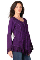 Sakkas Aura Womens Casual Ruffle Flare Crop Top Blouse Long Sleeves w/Embroidery