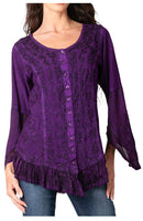 Sakkas Aura Womens Casual Ruffle Flare Crop Top Blouse Long Sleeves w/Embroidery