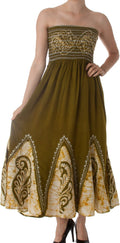 Sakkas Batik Print Embroidered Sleeveless Smocked Tube Top Long Dress#color_Green/Yellow