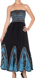 Sakkas Batik Print Embroidered Sleeveless Smocked Tube Top Long Dress#color_Navy/Turquoise