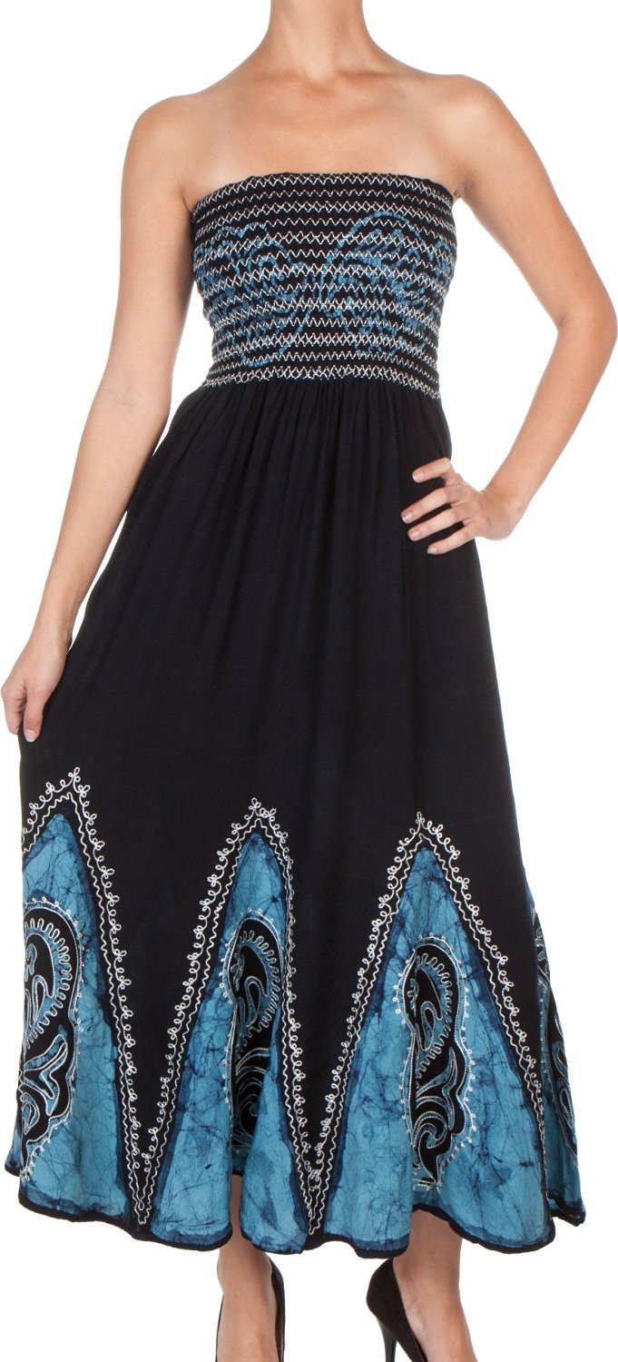 Sakkas Batik Print Embroidered Sleeveless Smocked Tube Top Long Dress