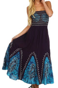 Sakkas Batik Print Embroidered Sleeveless Smocked Tube Top Long Dress#color_Eggplant/Turquoise