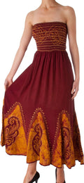 Sakkas Batik Print Embroidered Sleeveless Smocked Tube Top Long Dress#color_Brown