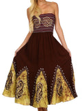 Sakkas Batik Print Embroidered Sleeveless Smocked Tube Top Long Dress#color_Chocolate/Cream