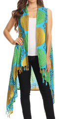 Sakkas Hatice Light Colorful Poncho Wrap Cardigan Top with African Ankara Print#color_Turquoise