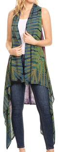 Sakkas Ivana Women's Oversized Draped Open Front Sleeveless Cardigan in Tie Dye#color_Green