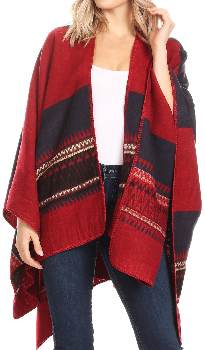 Sakkas Mari Women's Reversible Large Poncho Shawl Wrap Scarf Cape Ruana Blanket
