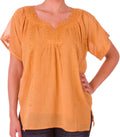 Sakkas Embroidered 100% Cotton Semi-Sheer Short Sleeve Gauzy Top / Blouse#color_Camel