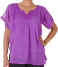 Sakkas Embroidered 100% Cotton Semi-Sheer Short Sleeve Gauzy Top / Blouse#color_Purple