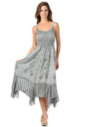Sakkas Stonewashed Empire Waist Simple Floral Striped Crepe Handkerchief Hem Dress#color_Grey
