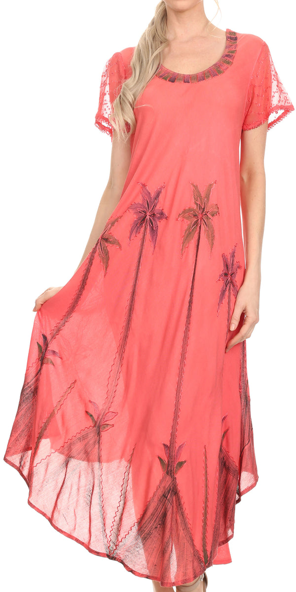 Sakkas Watercolor Palm Tree Tank Caftan Dress#Color_Coral