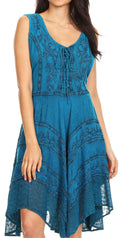 Sakkas Sundara Stonewashed Rayon Embroidered Mid Length Dress#color_Turquoise
