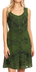Sakkas Sudha Stonewash Embroidery Mid Length Adjustable dress#color_Green