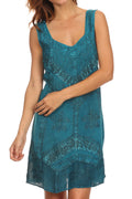 Sakkas Sudha Stonewash Embroidery Mid Length Adjustable dress#color_TurquoiseBlue