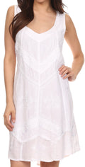 Sakkas Sudha Stonewash Embroidery Mid Length Adjustable dress#color_White