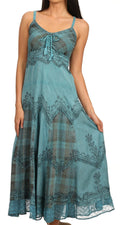 Sakkas Iris Plaid Stonewashed Rayon Embroidered Adjustable Spaghetti Straps Dress#color_TurquoiseBlue