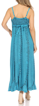 Sakkas Allie Stonewashed Embroidered Adjustable Spaghetti Straps Long Dress