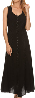 Sakkas Maya Floral Embroidered Sleeveless Button Up Rayon Dress#Color_Black