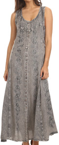 Sakkas Maya Floral Embroidered Sleeveless Button Up Rayon Dress#Color_Grey