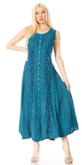 Sakkas Maya Floral Embroidered Sleeveless Button Up Rayon Dress#Color_Turquoise