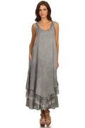 Sakkas Emma Relaxed Fit Scoop Neck Double Layered with Fringe Tank Dress#color_Grey